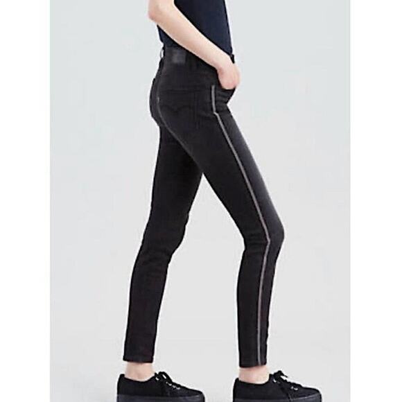 Levi's 721 High Rise Skinny Jeans Side Pinstripes Black Silver Size 27 x 30 - Picture 1 of 16
